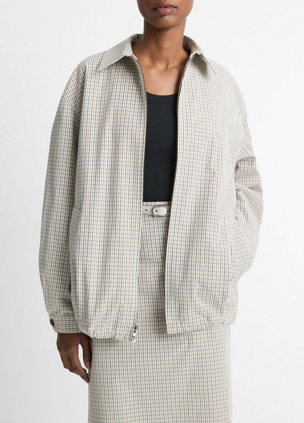Women's Gardener's Check Cotton Oversized Bomber Jacket, Stone/tan, Size XXS Vince | Vince LLC