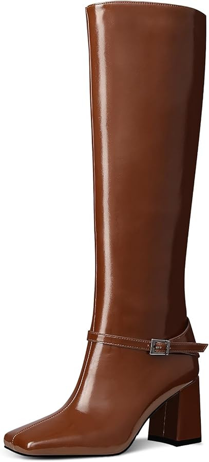 MUCCCUTE Knee High Boots for Women - Black/Brown Square Toe Chunky Heel Tall Boots Faux Leather L... | Amazon (US)