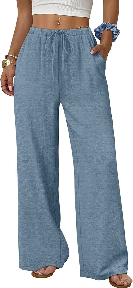 Sampeel Wide Leg Pants for Women Flowy Palazzo Drawstring Elastic Waist Trousers with Pockets Sum... | Amazon (US)