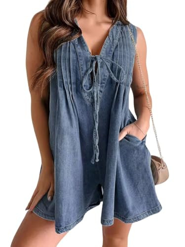 CHARTOU Women Summer Denim Overalls Shorts Romper Jean Jumpsuit Sleeveless Shortalls Flowy Ruffle Romper Pockets (Medium,Dark blue) | Amazon (US)