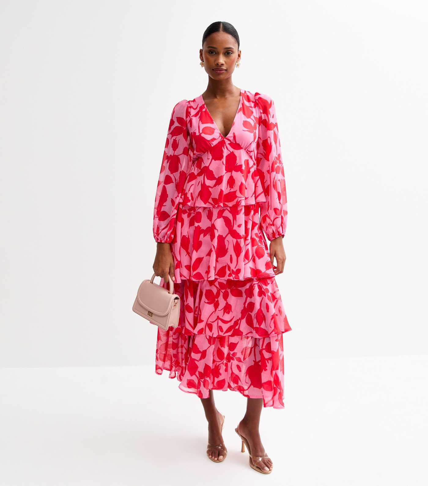 Pink Floral Print Tiered Chiffon Midi Dress | New Look | New Look (UK)