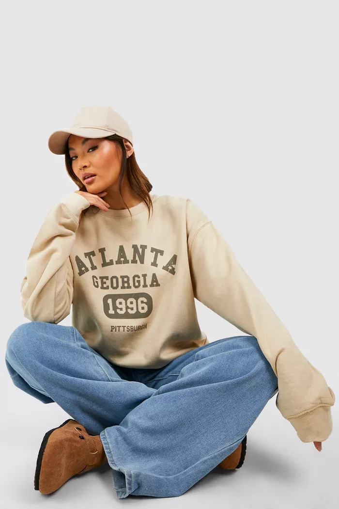 Atlanta Solgan Varsity Printed Oversized Sweatshirt | boohoo (US & Canada)