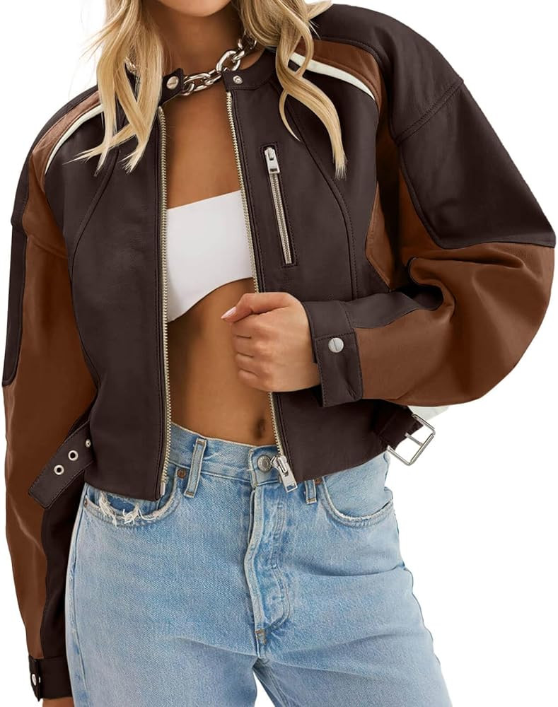 Tankaneo Womens Faux Leather Bomber Jackets Cropped Zip Up Color Block Fall Casual Moto Biker Coa... | Amazon (US)