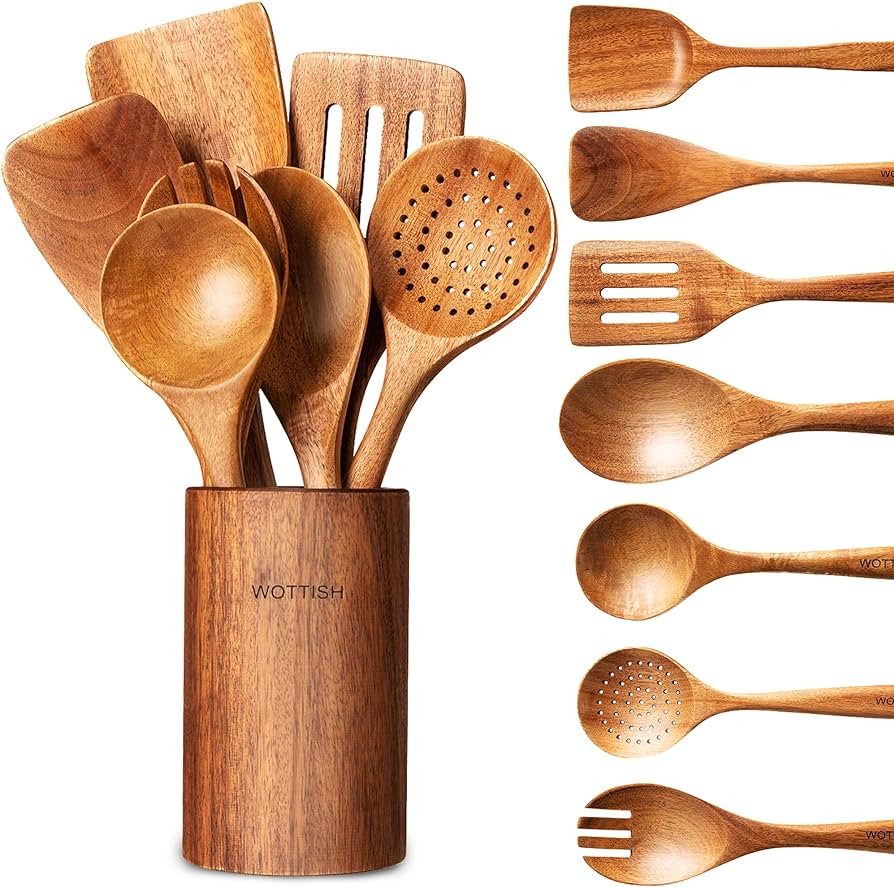 Wooden Spoons for Cooking - 8-Piece Wooden Kitchen Utensil Set made of Natural Solid Wood Materia... | Amazon (US)