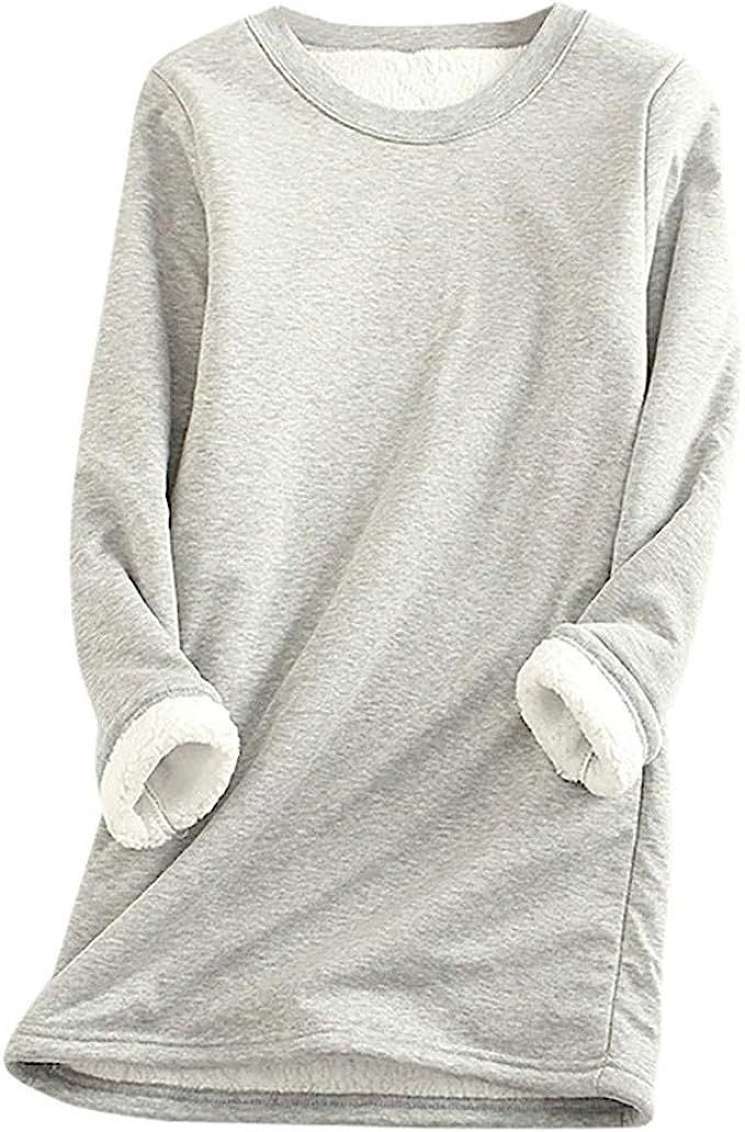 Women Thick Fleece Sweatshirt Solid Colo Crewneck Long Sleeve Shirts Fall Winter Velvet Warm Tuni... | Amazon (US)