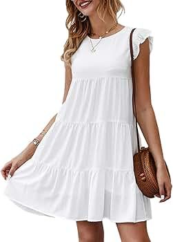 KIRUNDO 2021 Women’s Summer Mini Dress Sleeveless Ruffle Sleeve Round Neck Solid Color Loose Fi... | Amazon (US)