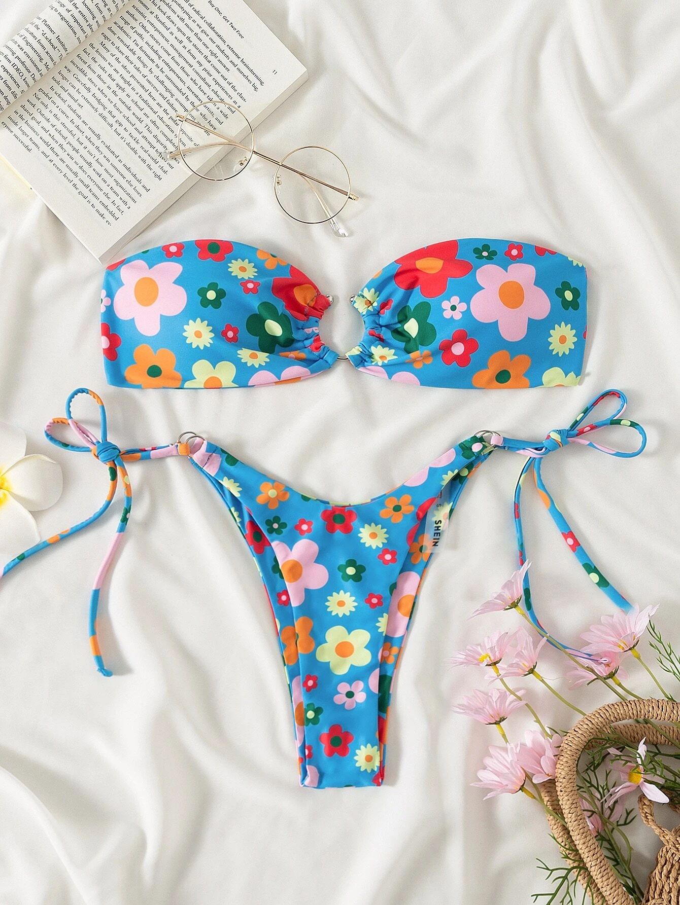 Floral Bandeau Tie Side Bikini Swimsuit | SHEIN