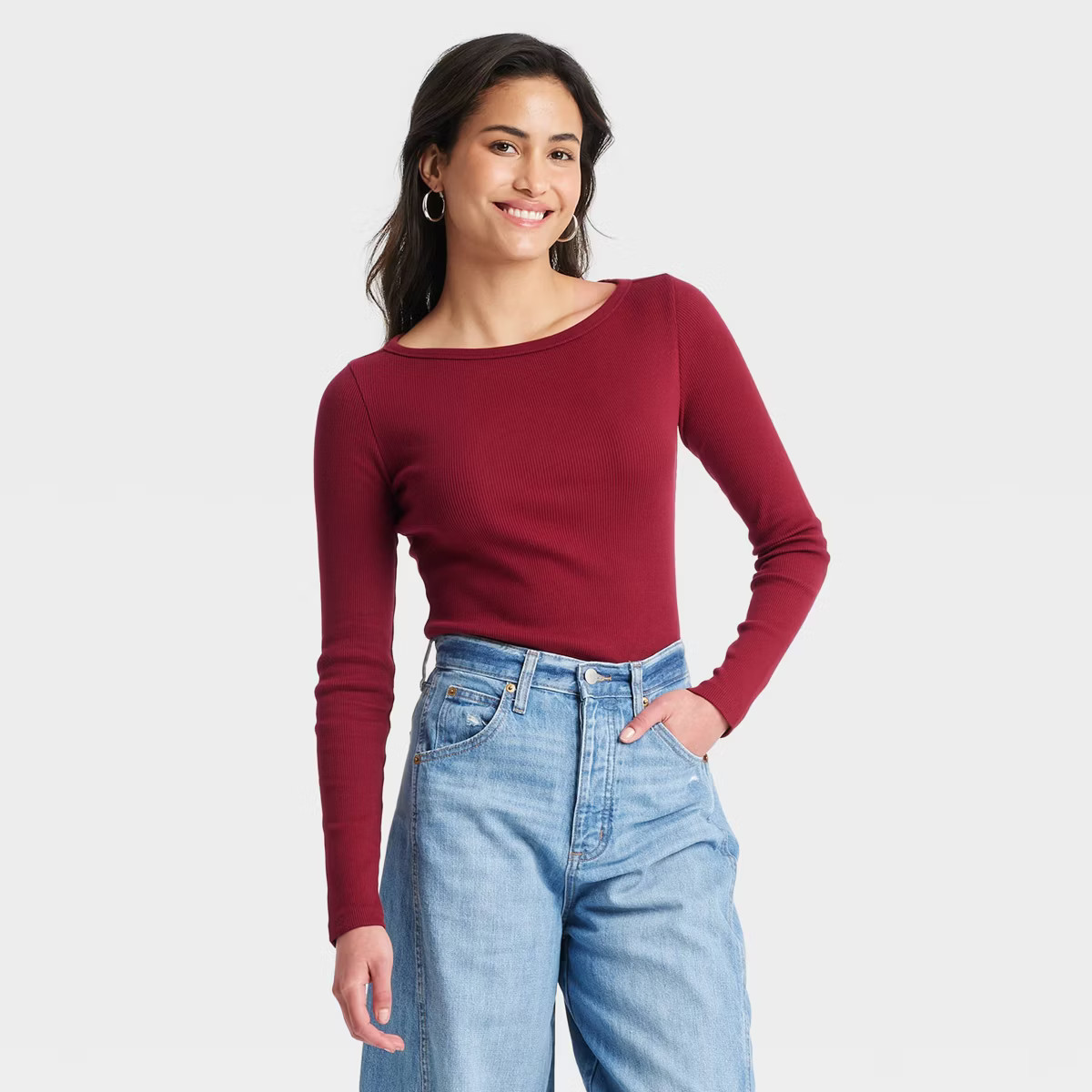 Women's Long Sleeve Boat Neck T-Shirt - Universal Thread™ Maroon XS | Target