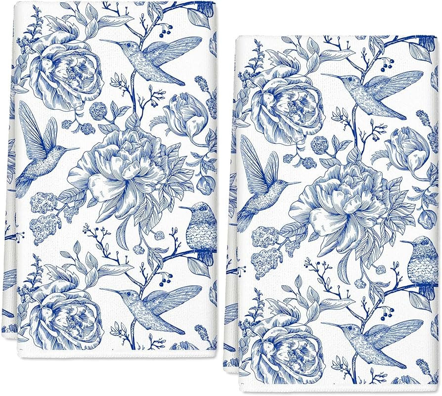 AnyDesign Chinoiserie Floral Kitchen Towels Blue White Flowers Bird Dish Towels 18 x 28 Inch Deco... | Amazon (US)