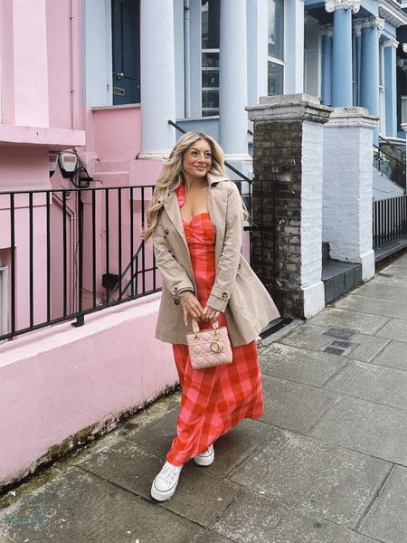 London Outfits - Shopbop Sundress Rosine Dress in Big Gingham Red and Pink, and Amazon Trench Coat - Wearing size XS/S in dress and Small in trench

#LTKtravel #LTKSeasonal #LTKstyletip