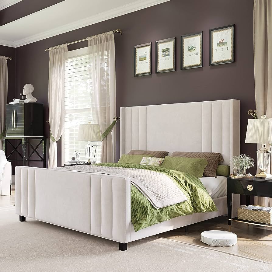 Amerlife Queen Size Bed Frame, Velvet Upholstered Platform Bed with Vertical Channel Tufted Headb... | Amazon (US)