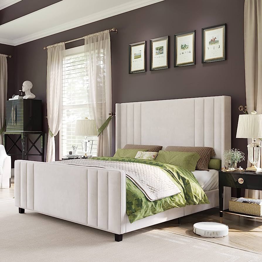 Amerlife Queen Size Bed Frame, Velvet Upholstered Platform Bed with Vertical Channel Tufted Headb... | Amazon (US)