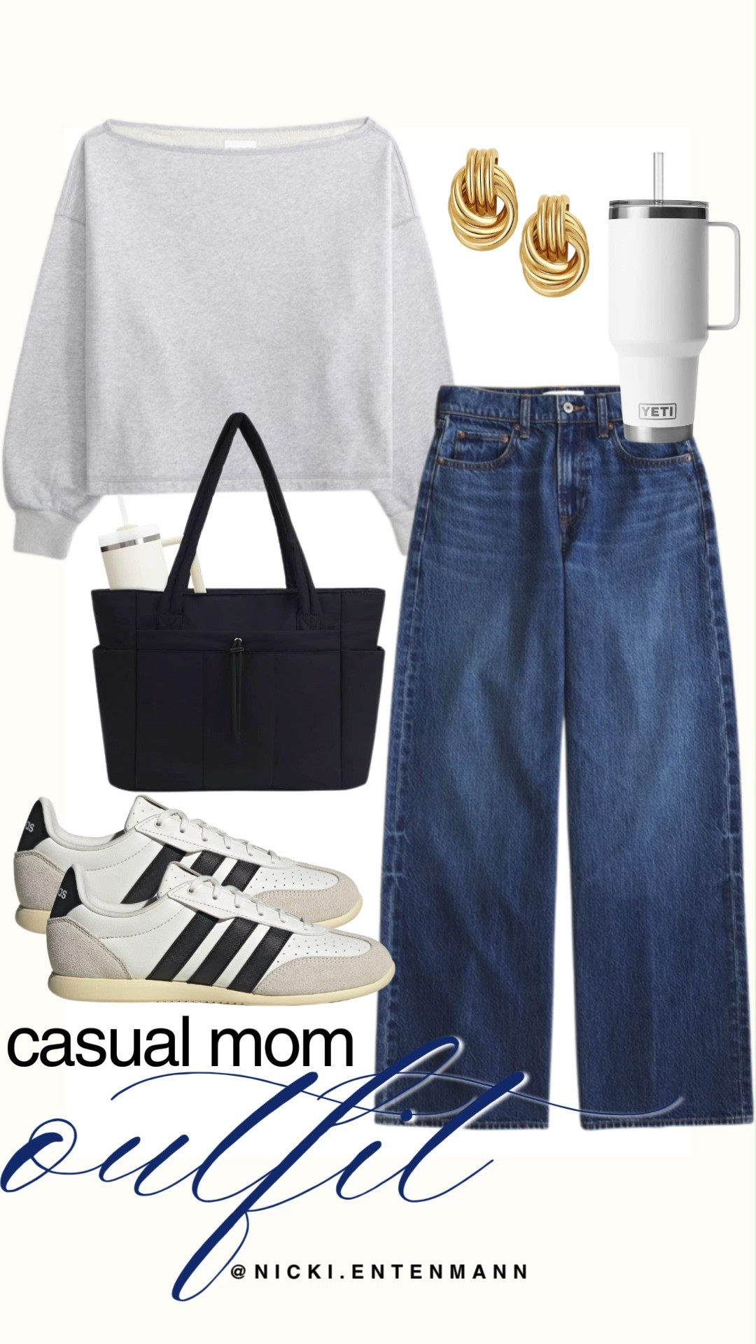 Create an effortless and chic casual mom outfit featuring everyone's favorite off-the-shoulder grey sweatshirt. Pair this ultra-comfortable top with flattering wide-leg blue jeans and classic white sneakers for a day of running errands or heading to the playground. Elevate the look with practical yet stylish accessories, including a spacious black tote bag, a white insulated Yeti tumbler, and chunky gold twist earrings.

#momstyle #casualoutfit #everydaylook #momfashion #streetstyle #adidas #yeti #denimstyle #casualchic #shoppinghaul 

 #LTKootd #LTKmomlife #LTKTravel
