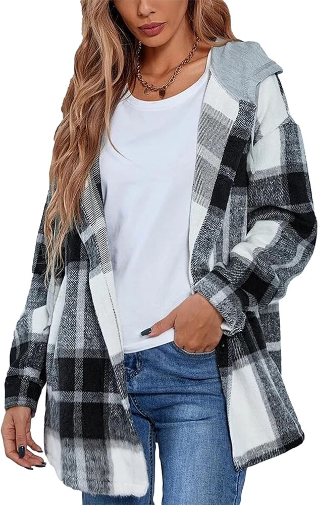Mingzhu Womens Flannel Plaid Hoodie Jacket Shacket Oversized Button Down Coat | Amazon (US)