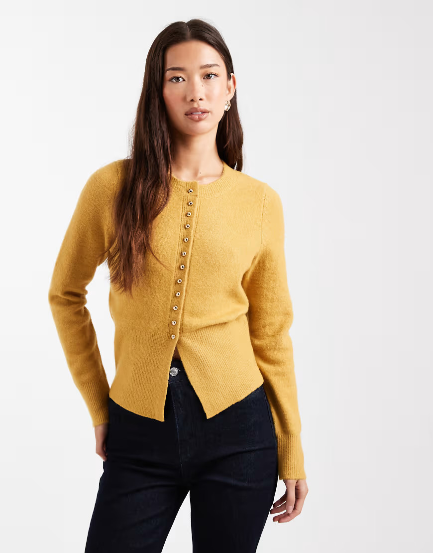 New Look dome button crew neck cardigan in yellow | ASOS (Global)