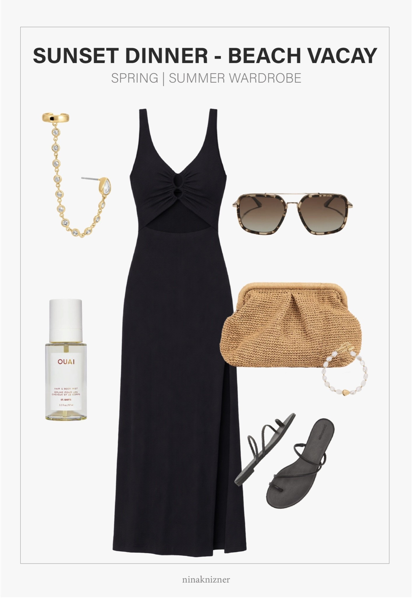 Black dress dinner date outfit..

Oversized rectangular glasses are coming back with a bang! I bought this wicker pouch bag on Etsy, it’s a beautiful, handmade bag with a good amount of room inside. It’s a summer accessory staple.

In love with ear cuffs, and this one by Ettika is such a unique one, I looove!! Just wore it last week.

- Ettika - Ear Cuff Crystal Chain Stud
- L*space - Camille Dress in Black
- DIFF Eyewear - Jordan Sunglasses in Espresso Tortoise Brown Gradient
- OUAI - St. Barts Hair and Body Mist and Body Lotion
- Etsy - Straw Summer Pouch Bag in Modern Natural Wicker
- Ettika - Freshwater Pearl Bracelet 
- Reformation - Ludo Toe Ring Strappy Flat Sandal in Black Leather


#spring #springoutfits2026 #womenspringoutfits #summer #summeroutfits2026 #womensummeroutfits  #traveloutfits #travel #beach #beachoutfit #dinnerdate #accessories #springaccessories #summeraccessories #destinations #coastal #westcoast #coastalcalifornia #vacation #mediterranean #europeansummer #essentials #basics #staples #capsulewardrobe #minimalist #sunglasses #oversizedsunglasses #rectangularsunglasses #lbd #blackdress  #mididress #springdress #summerdress #black #leathersandals #sandals #flats #slipons #shoes #springshoes #summershoes #travelshoes #strappysandals #bag #straw #wicker #springbag #summerbag #vacationbag #jewelry #studs #gold #ettika #statementearrings #chainearrings #cuffs #earcuffs #pearl #bracelet 

#LTKootd #LTKTravel #LTKSeasonal
