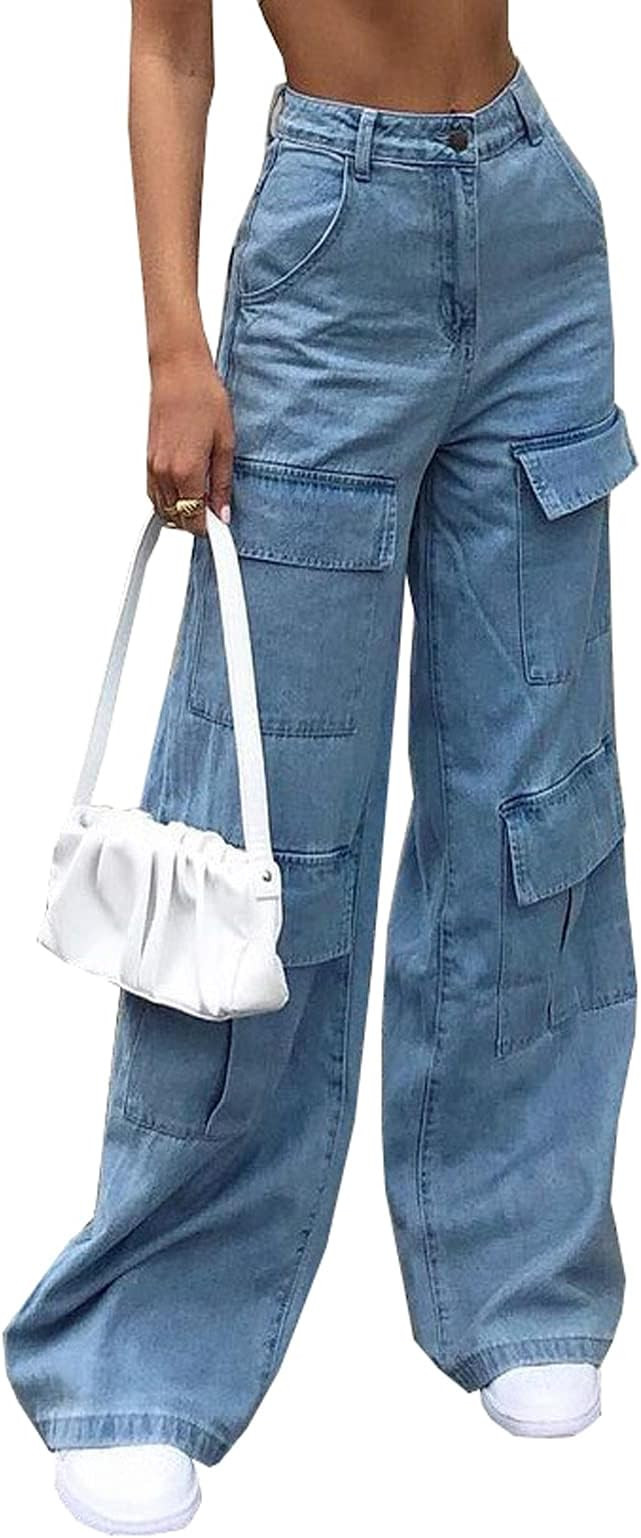 Women's High Waist Baggy Jeans Flap Pocket Relaxed Fit Straight Wide Leg Y2K Fashion Cargo Jeans | Amazon (US)