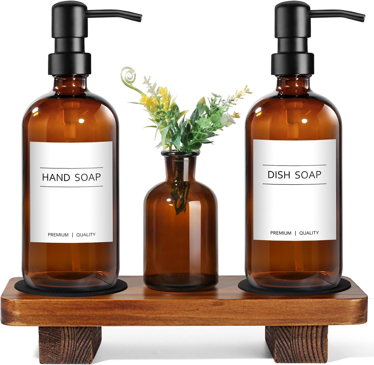 Kitchen Soap Dispenser Set with Wood Riser Tray, Amber Glass Soap Dispenser with Stainless Steel Pump, Hand and Dish Soap Dispenser Set for Kitchen, Soap and Lotion Dispenser Bathroom Decor(Amber) | Amazon (US)