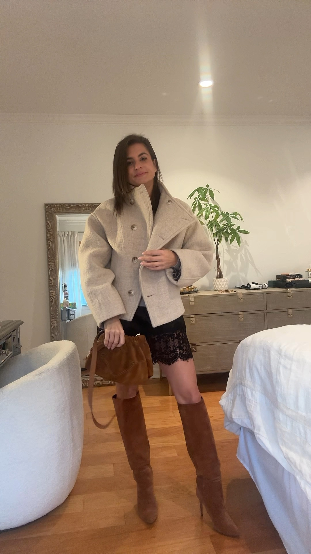 Layered top with black lace trim skirt outfit 