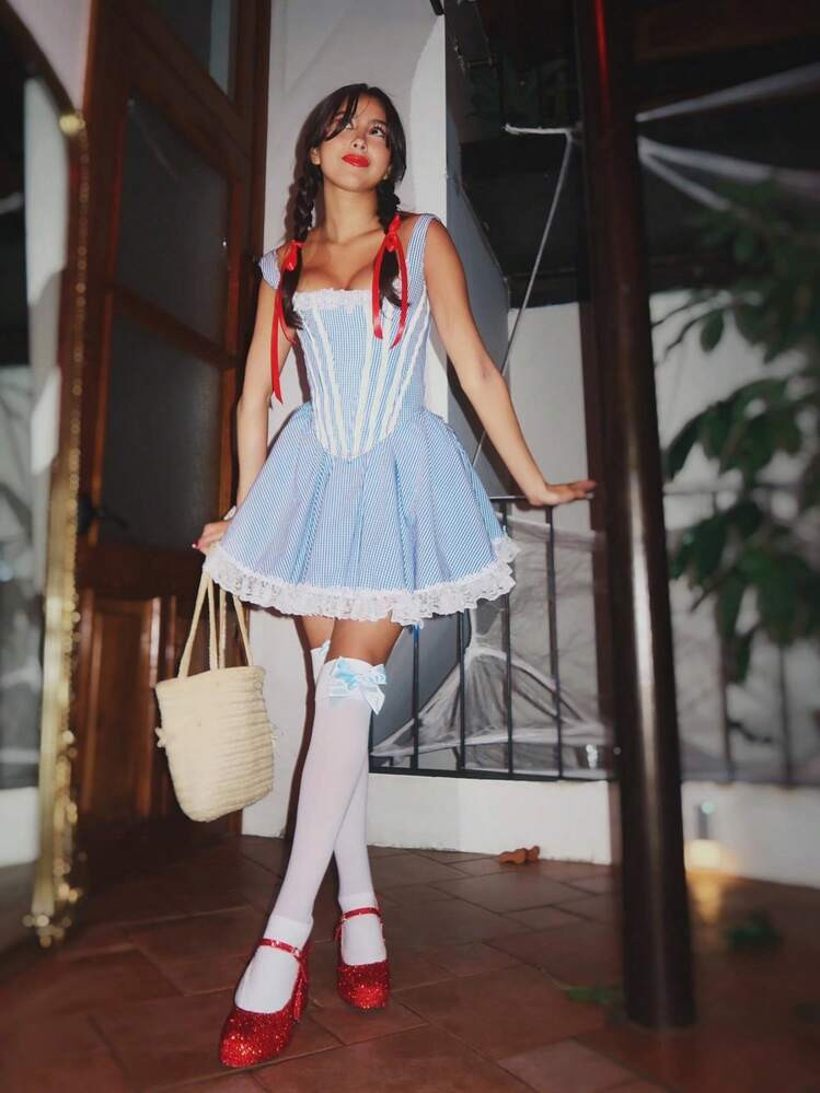 Women's Vintage Plaid Print Mini Corset Dress Halloween Costume Sleeveless Tank Dress Cosplay Outfit For Holiday Party | SHEIN