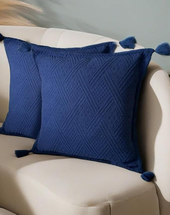 Set of 2 24x24 Soft Blue Boho Tasseled Throw Pillow Covers for Couch Sofa Bedroom Decor Square Cu... | Amazon (US)