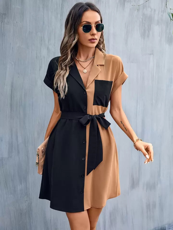 SHEIN LUNE Colorblock Button Front Belted Shirt Dress | SHEIN