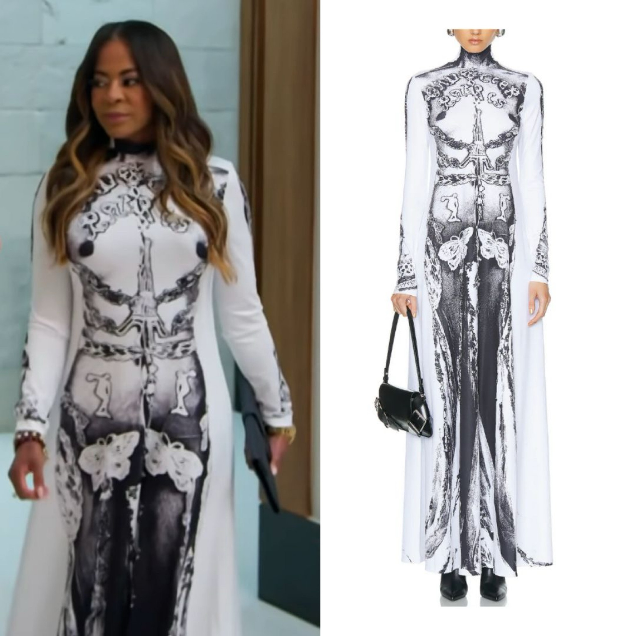 Mary Cosby’s White and Black Printed Long Sleeve Maxi Dress
