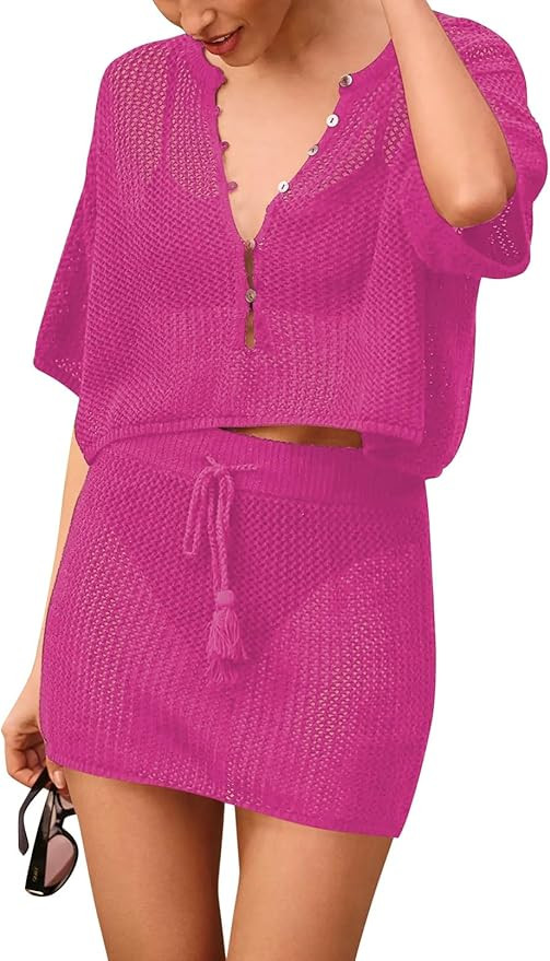 HUUSA Women's 2 Piece Crochet Swimsuit Cover Ups 2024 Hollow Out Bathing Suit Coverup Beach Outfi... | Amazon (US)