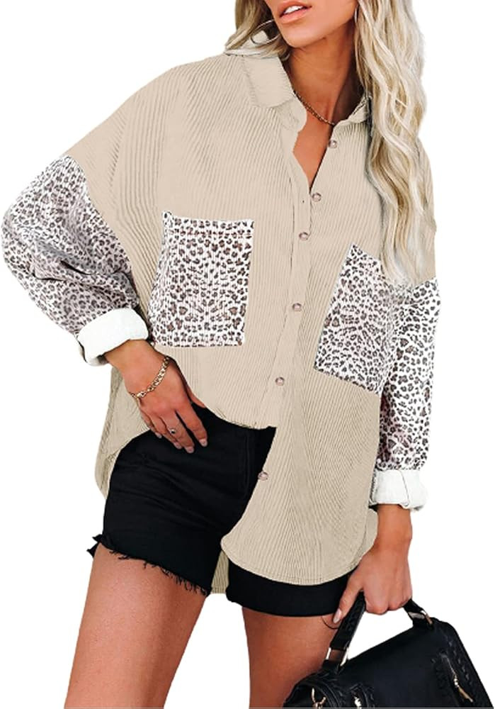 Happy Sailed Womens Leopard Contrast Denim Jackets Oversize Long Sleeve Button Down Pockets Jean Jac | Amazon (US)