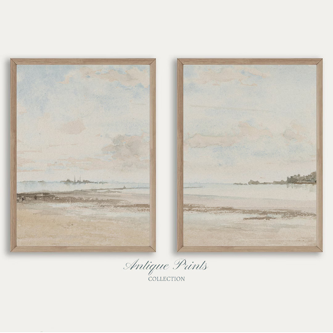 Vintage Watercolor Seascape Wall Art, Muted Coastal Set of 2 Painting, Antique Beach Landscape Pr... | Etsy (US)