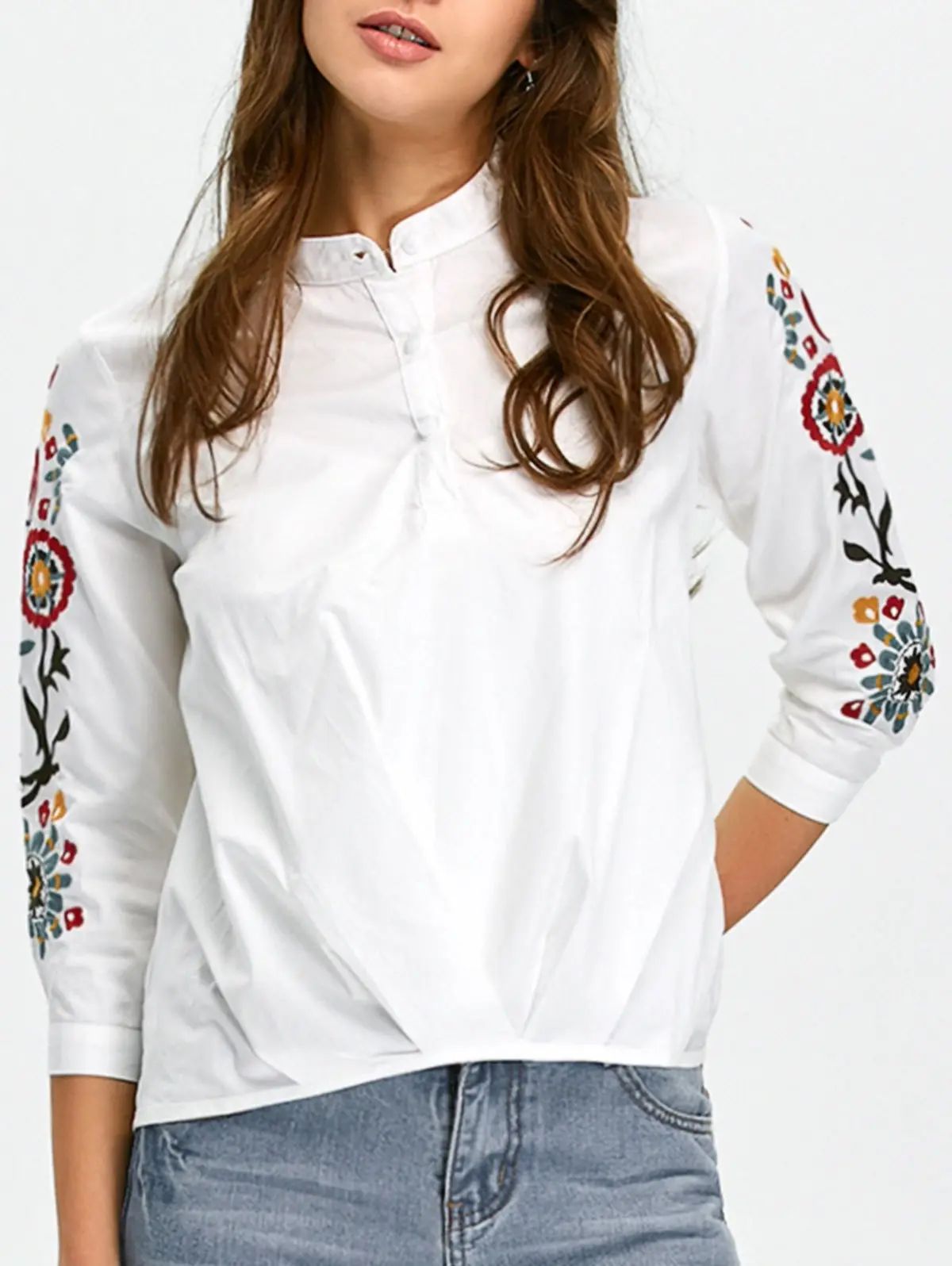 High-Low Floral Embroidered Shirt | Rosegal US
