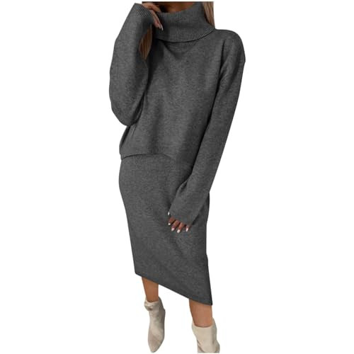Womens Knit Sweater Outfits 2 Piece Skirts Sets Long Sleeve Turtleneck Pullover Tops Pencil Skirt Set Casual Dress Gray | Amazon (US)