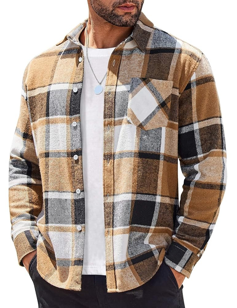 COOFANDY Mens Flannel Shirts Long Sleeve Lightweight Plaid Shirt Casual Button Down Shirts Jacket | Amazon (US)