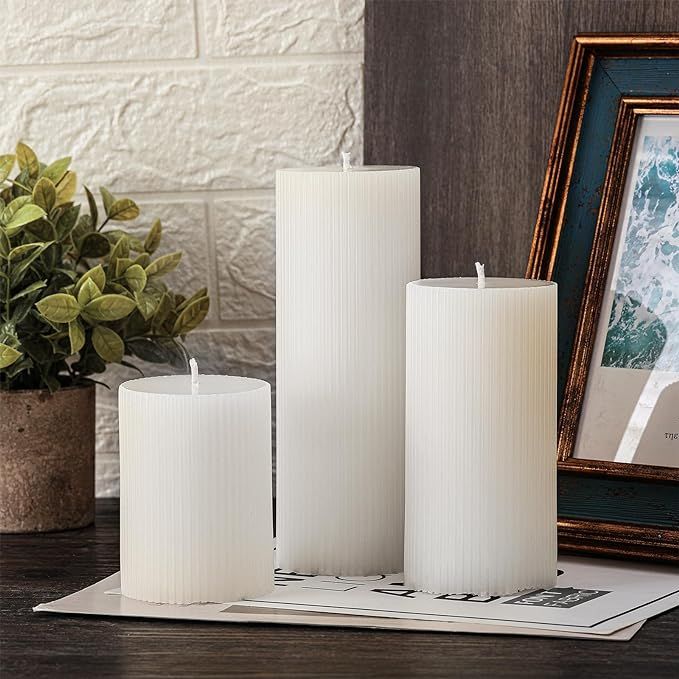 Ribbed Pillar Candles Set of 3, Width 3" High 4" 6" 8" Large Soy Wax Scented Pillar Candles Aesth... | Amazon (US)