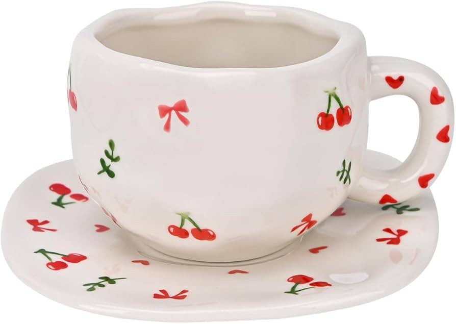 Koythin Ceramic Coffee Mug with Saucer Set, Cute Creative Cherry Bow Cup Unique Irregular Design ... | Amazon (US)