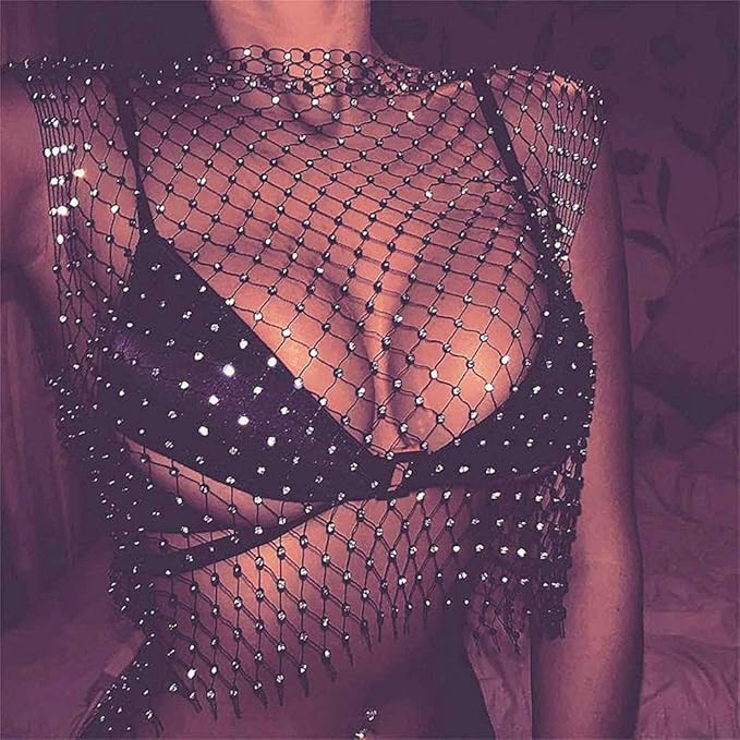 DRESBE Rhinestone Mesh Body Chains Hollow Tank Tops Bikini Crop Top Party Body Jewelry Accessorie... | Amazon (US)