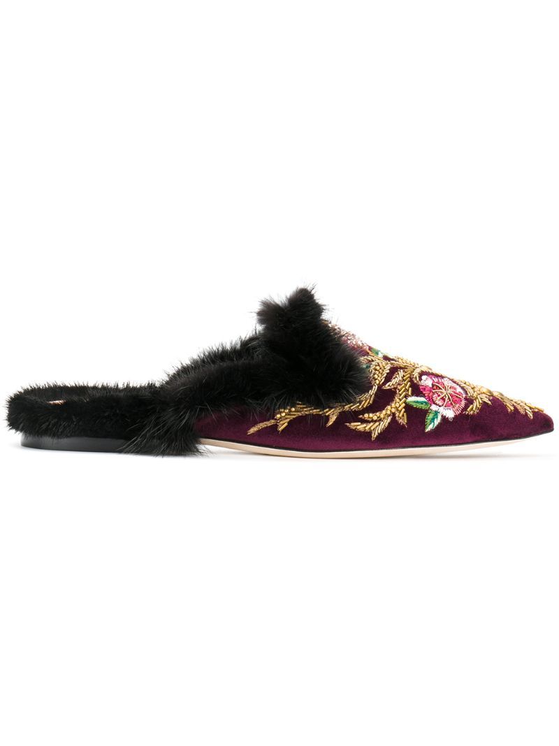 Alberta Ferretti - embroidered pointed slippers - women - Leather/Rabbit Fur/Velvet - 40, Pink/Purple, Leather/Rabbit Fur/Velvet | FarFetch US