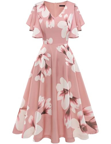 Bridesmay Floral Women's Fall Wedding Guest Dress with Flare Sleeve Modest Fit and Flare Cocktail Dress for Women Blush White Flower XL | Amazon (US)