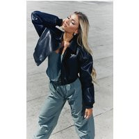 Black Shoulder Padded Cropped Bomber Jacket, Black | PrettyLittleThing UK