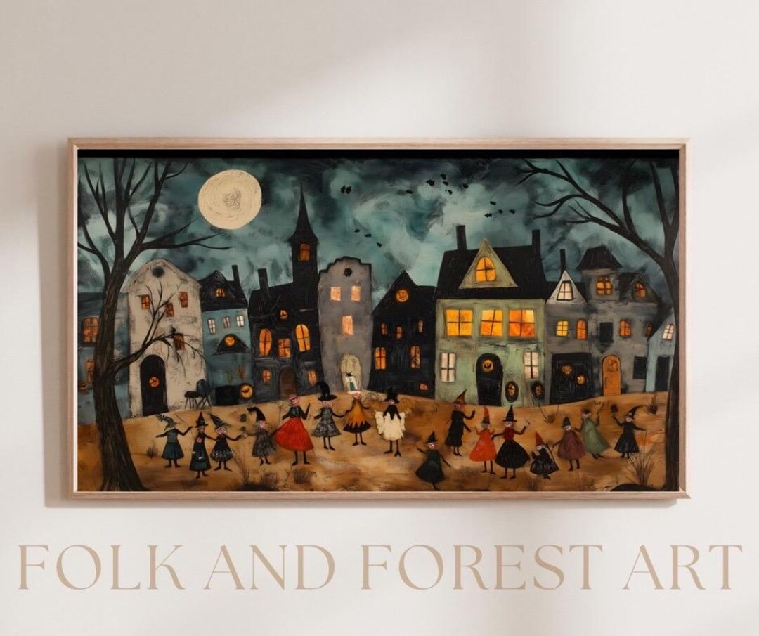 Trick or Treaters on Halloween Night | Folk Art | Digital Download for Samsung Frame TV | Etsy (US)