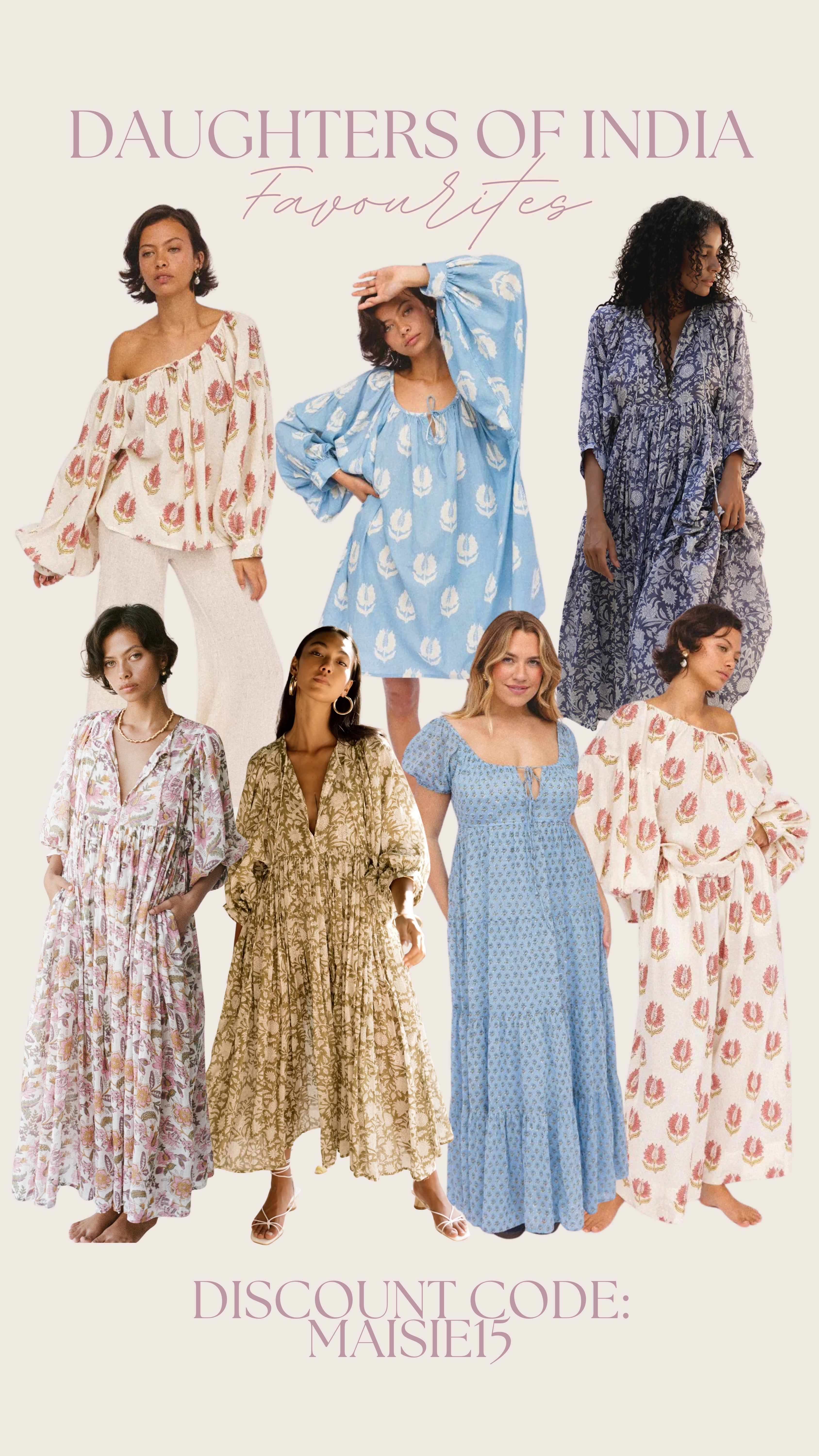 My favourites from Daughters of India 💕 Use code: MAISIE15 at checkout ✨

Holiday dress, summer dress, floral dress, a line dress, floaty dress, lightweight fabric, summer outfit, boho 

 #LTKuk #LTKsummer #LTKdresses