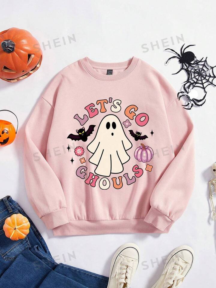 SHEIN EZwear Plus Size Casual Simple Loose Fit Ghost, Bat, Pumpkin Printed Thickened Crew Neck Sw... | SHEIN