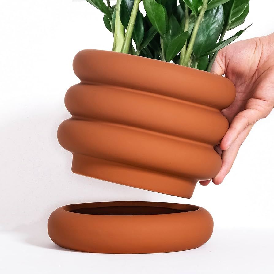 Bohemian Ceramic Planter - Matte Clay Plant Pot with Drainage Holes, Hidden Saucer - Decorative F... | Amazon (US)