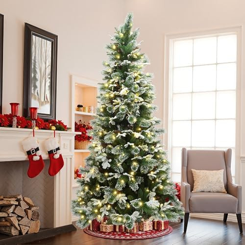 LuxenHome 7.5FT Artificial Christmas Tree, Prelit Flocked Christmas Trees with Pine Cones and 380... | Amazon (US)