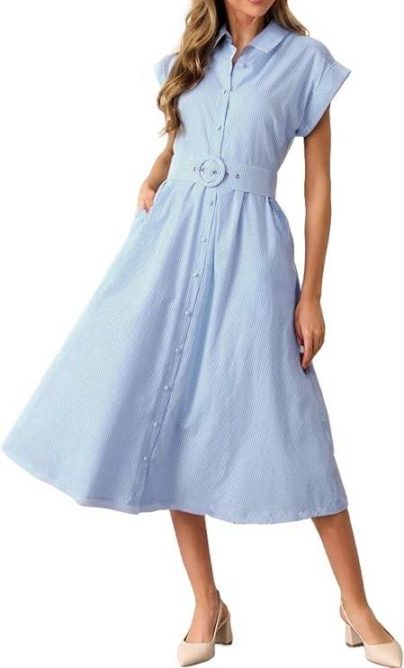 Womens Midi Shirt Dress Striped Casual Short Sleeve Button Down Lapel V Neck A Line Belted Long D... | Amazon (US)