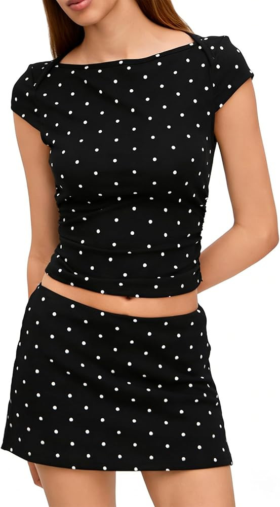Mxiqqpltky Polka Dot Two Piece Skirt Set for Women Y2k Outfits Boat Neck Baby Tee and Low Rise Mi... | Amazon (US)