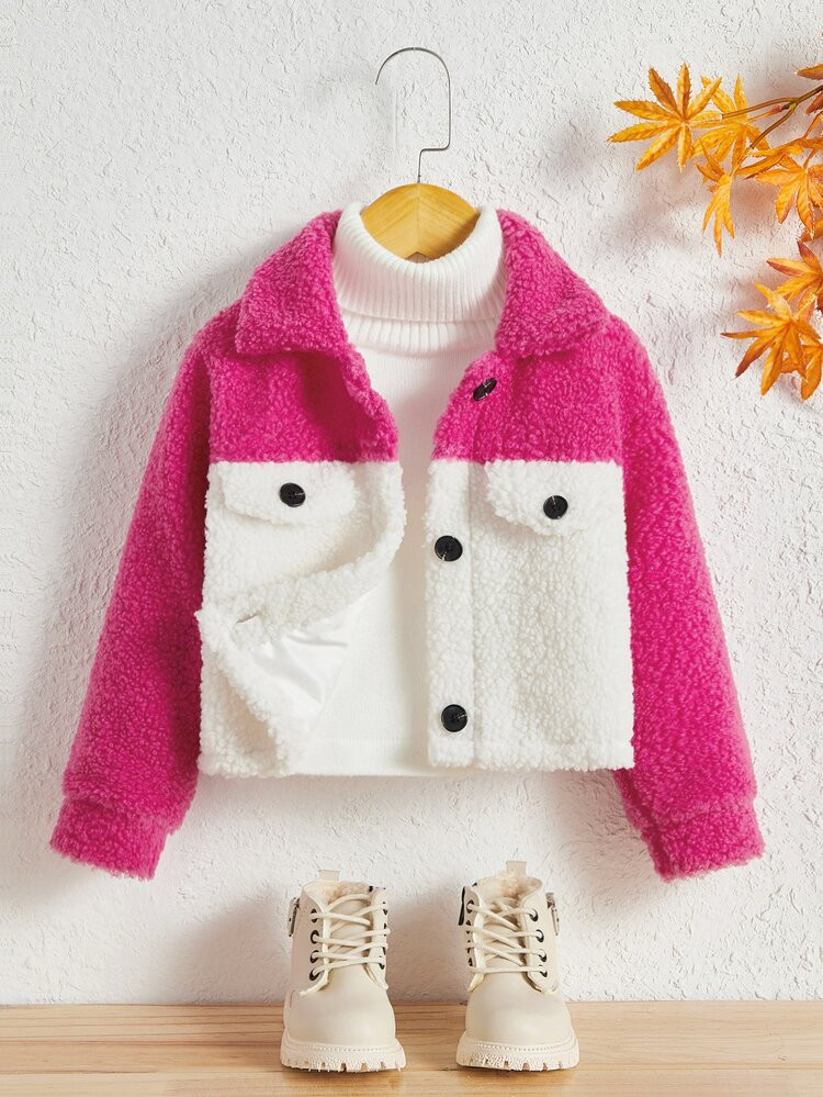 Toddler Girls Two Tone Flap Detail Teddy Jacket | SHEIN