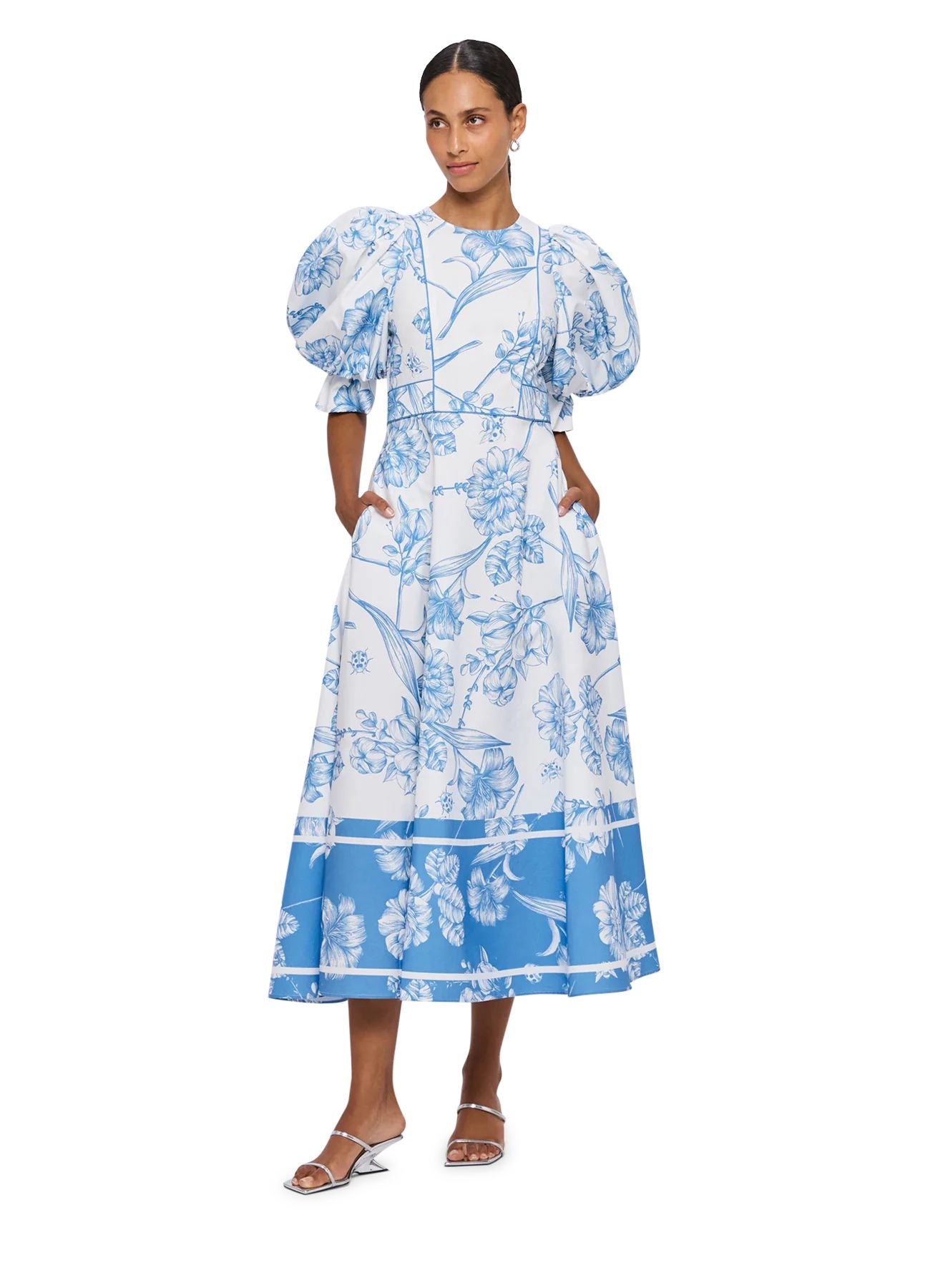 Maxima Puff Sleeve Midi Dress - Harmony Print in Porcelain | LEO LIN