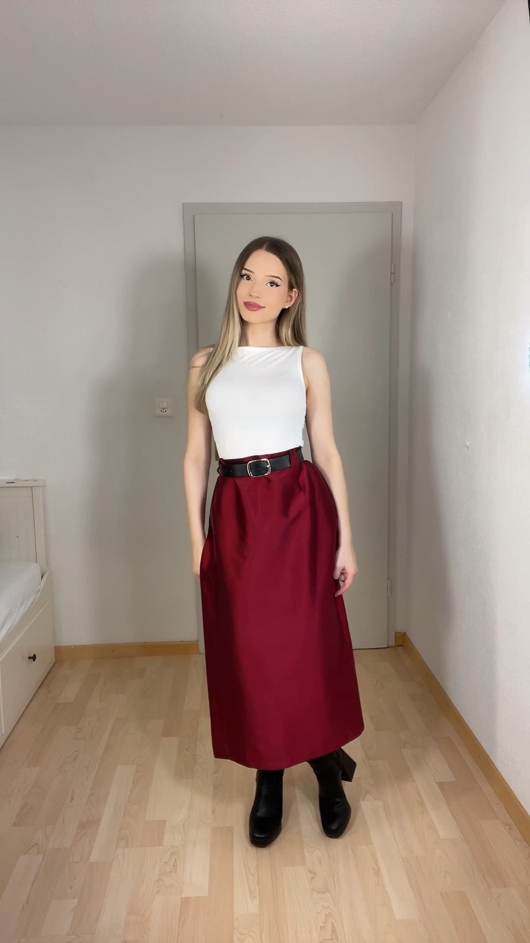 An effortlessly chic winter outfit featuring a stunning red satin skirt paired with a sleek black coat for timeless elegance. The fitted white top and black belt tie the look together perfectly, while heeled boots add sophistication and warmth for colder days. This polished and versatile look is ideal for city outings, winter date nights, or even a statement office ensemble.
New Year outfit
#WinterFashion #ElegantStyle #SatinSkirt #ClassicWinterLook #TimelessOutfit #ChicLayers #RedAndBlackStyle #ColdWeatherFashion #EffortlessChic #PolishedLook
#LTKstyletip #LTKwinter #LTKeurope #LTKunder50

#LTKParties #LTKHoliday