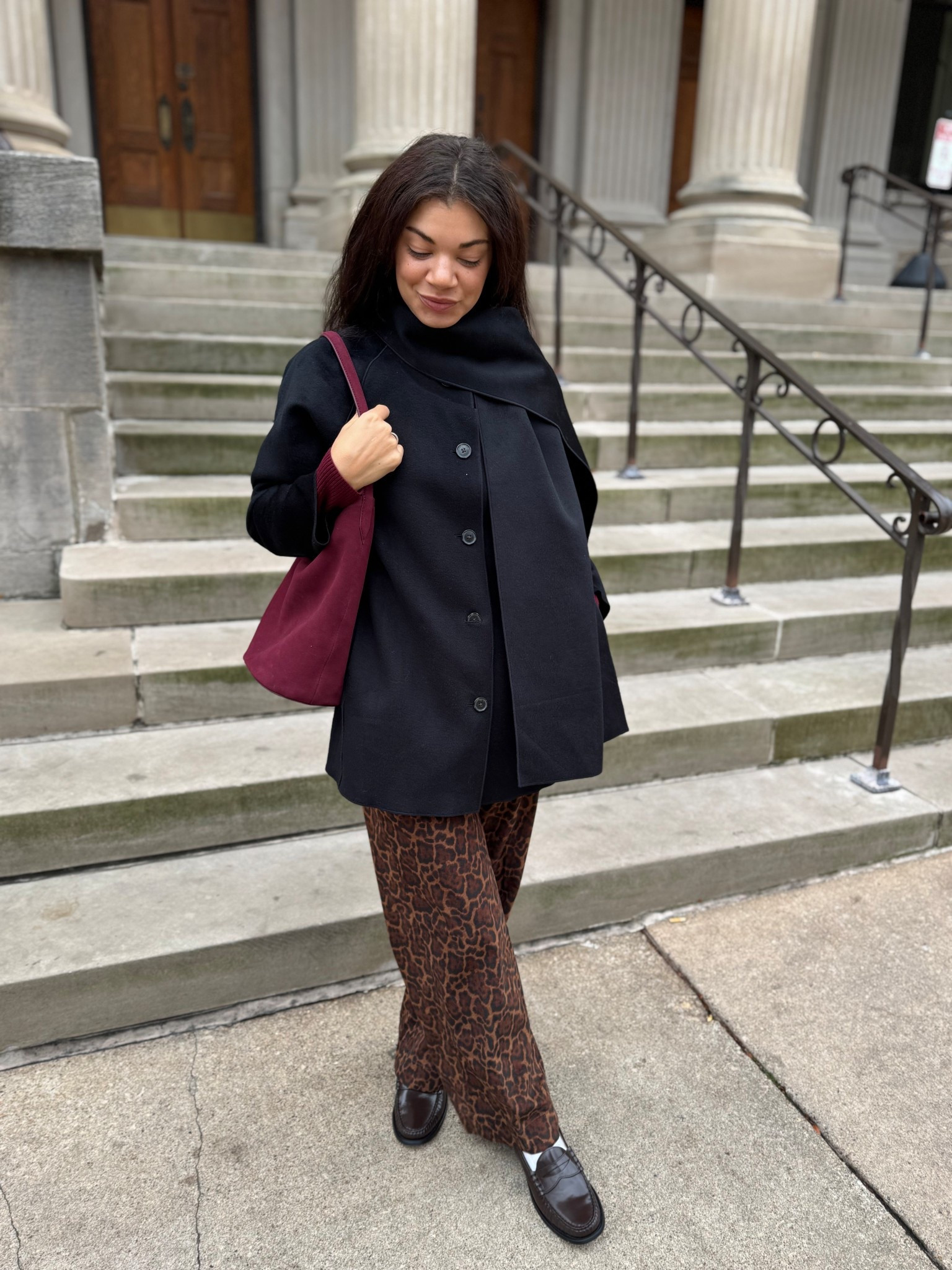 Style leopard print pants with loafers, a cardigan, a scarf coat, and burgundy accents 

#LTKSeasonal #LTKootd